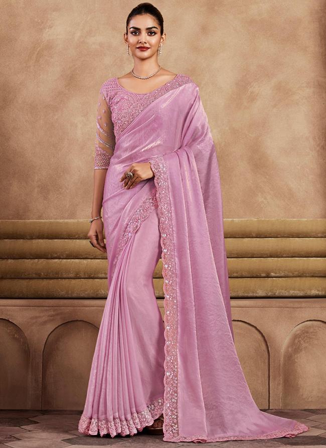 Silk Light Pink Party Wear Embroidery Work Saree